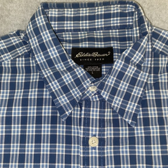 Eddie Bauer Men's L Button Down Shirt‎ Blue White Plaid Long Sleeve 100% Cotton - Picture 3 of 13